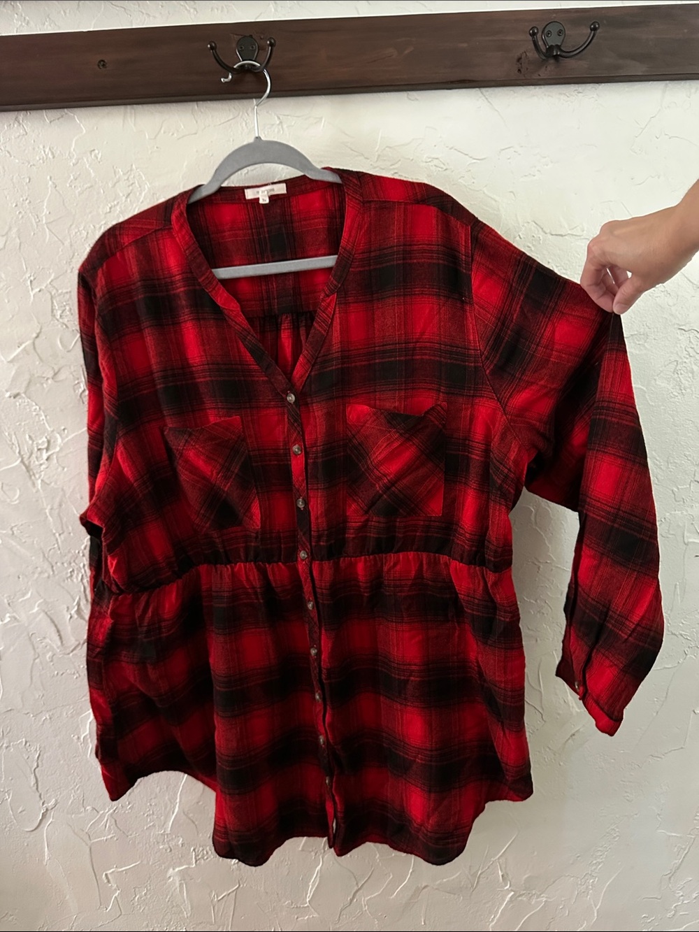 Maurices Red and Black Plaid Button-Front Tunic